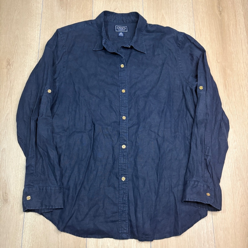 Chaps Classics Womens XL Navy Blue 100% Linen Roll Tab Sleeve Button Down Shirt